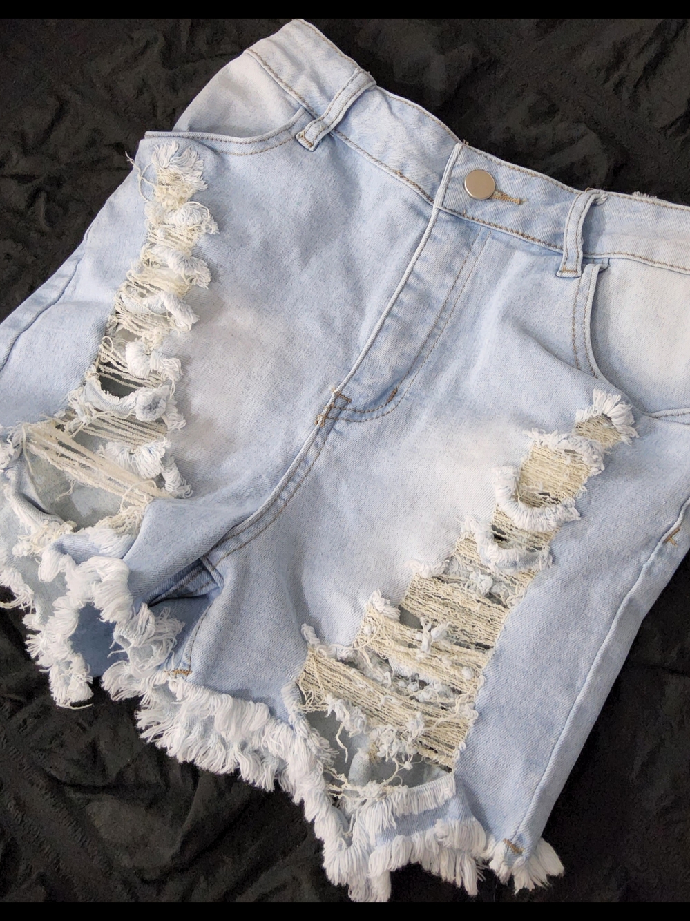 Classic Light Blue Distressed Denim Jean Shorts - Women's High-Rise Fringe Hem